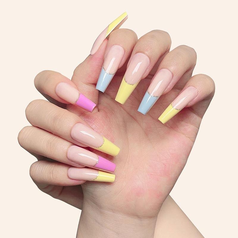 European And American Style Long Coffin Nail Trapezoidal Fake Nail Piece Five-Color Rainbow Bright Oil Ballet Nail Box Wearing Armor