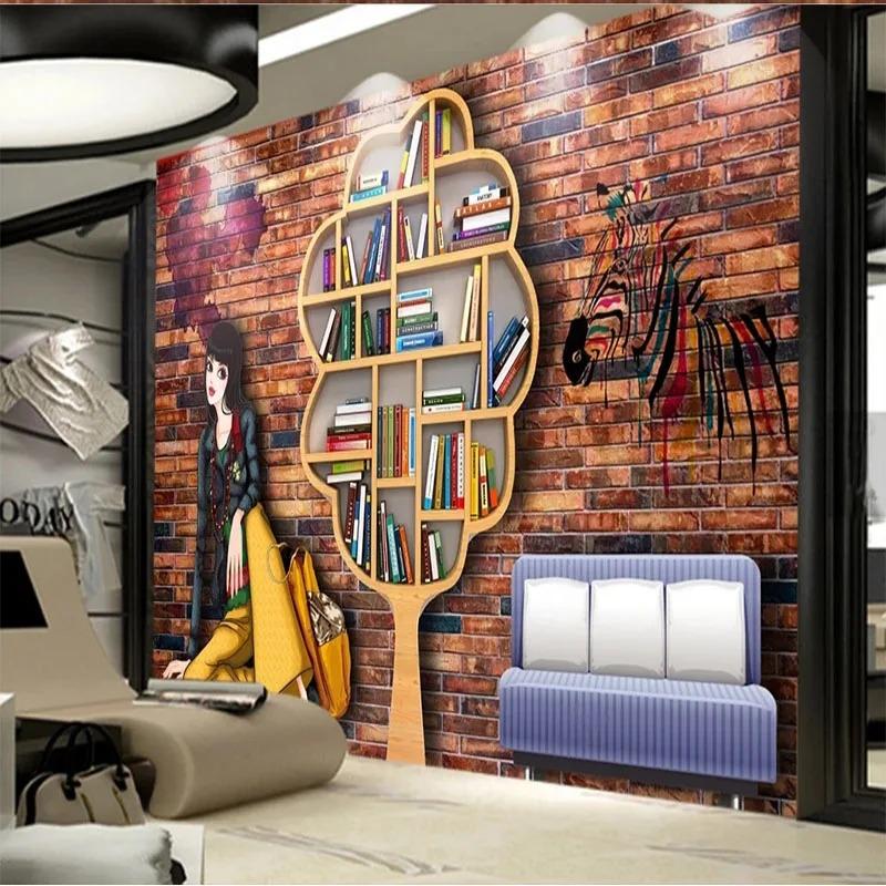 3d Murals Nostalgic Brick Wall Bookcase Cartoon Wallpaper Beauty Clothing Store Tooling Wall Murals