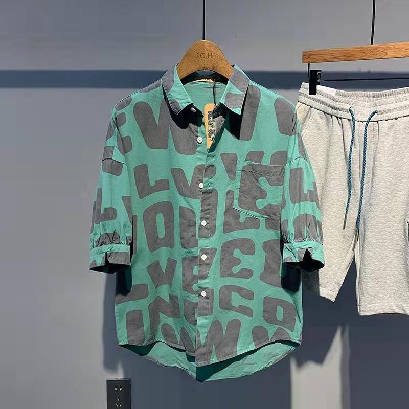 

Летняя трендовая мужская модная рубашка с лацканами, с принтом букв по всему телу, высококлассная, универсальная, повседневная, свободная, оверсайз, с короткими рукавами L синий