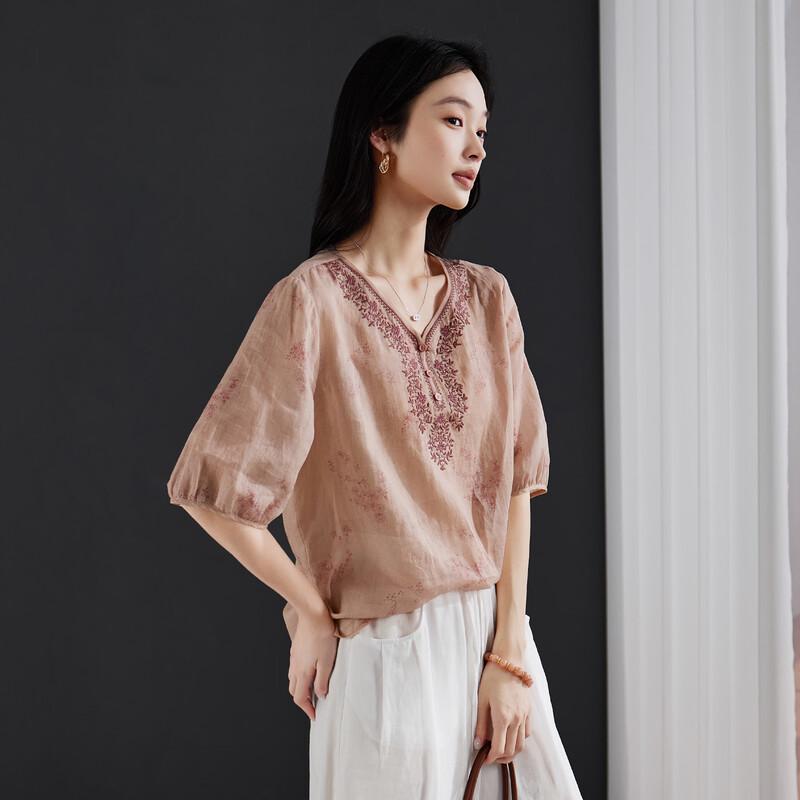 SOFSIL Summer Embroidered V-Neck Ramie Blouse M