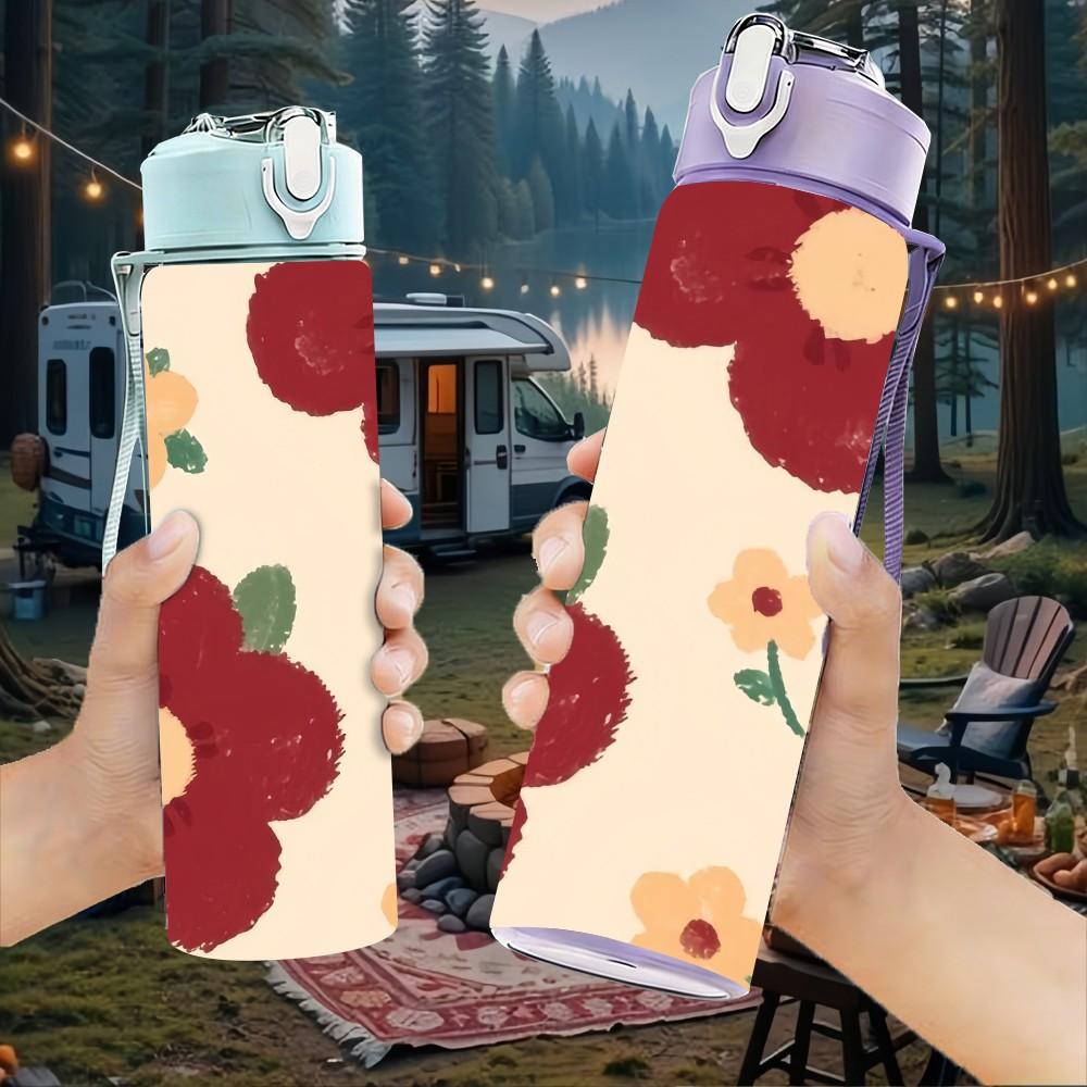 1PC Large Red Vintage Flower Background 750ml Color Plastic Sports Water Bottle Leakproof Flip Straw Lid Suitable for Sports Office Home Use