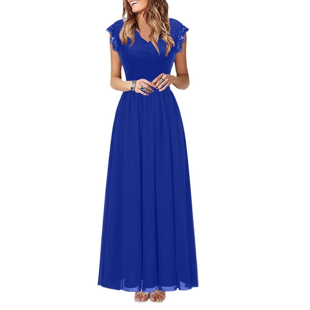 Cross-border Amazon Fashion V-neck Swing Dress Sleeveless Lace Splicing Chiffon Long Banquet Evening Dress Dress