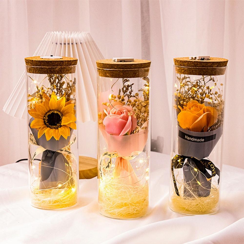 Evig rose LED-glasskuppelbukett Romantisk opplyst ornament Perfekt Valentinsdag Juleinnredning romantisk gave