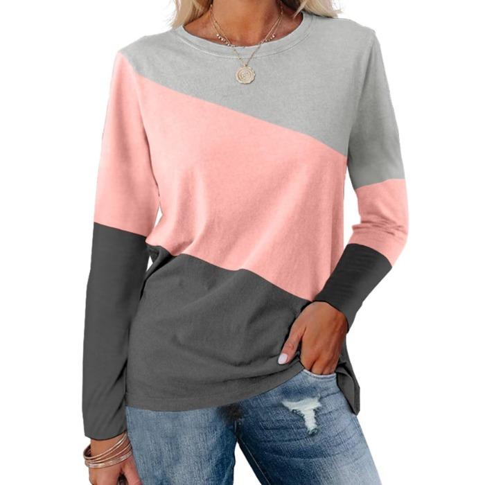 Fashion Color Blocked Long Sleeved Top with Personalized Contrasting Design for Women's Casual T-shirts