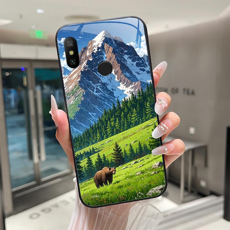 Beautiful Flower Cute Cartoon Cats Case For Xiaomi Mi A2 / Mi A2 Lite Tempered Glass Phone Case Protective Back Cover Hard Shell