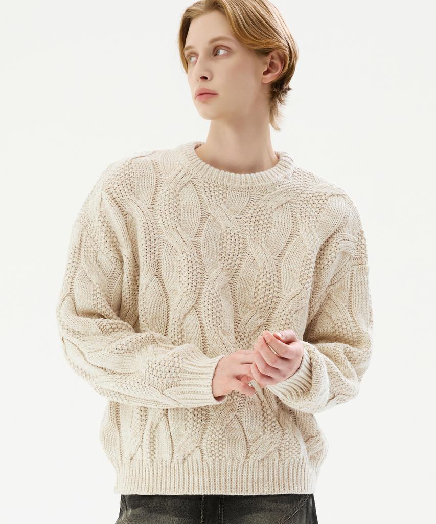 TRILLION Washable Big Cable Oversized Crew Neck Knit [Ivory]
