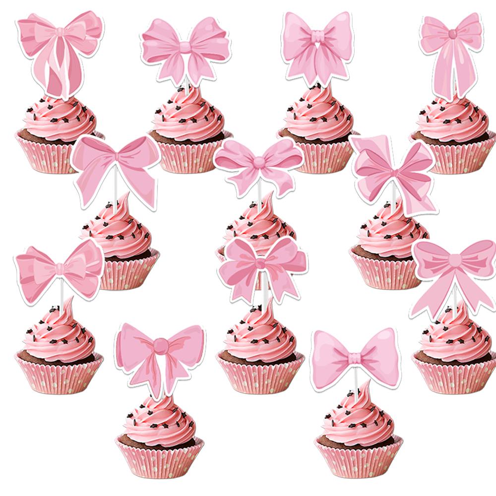 12/24pcs Pink Bowknot Cupcake Toppers Bow Tie Cake Inserts Birthday Party Wedding Party baby shower Cake Decoration Supplies