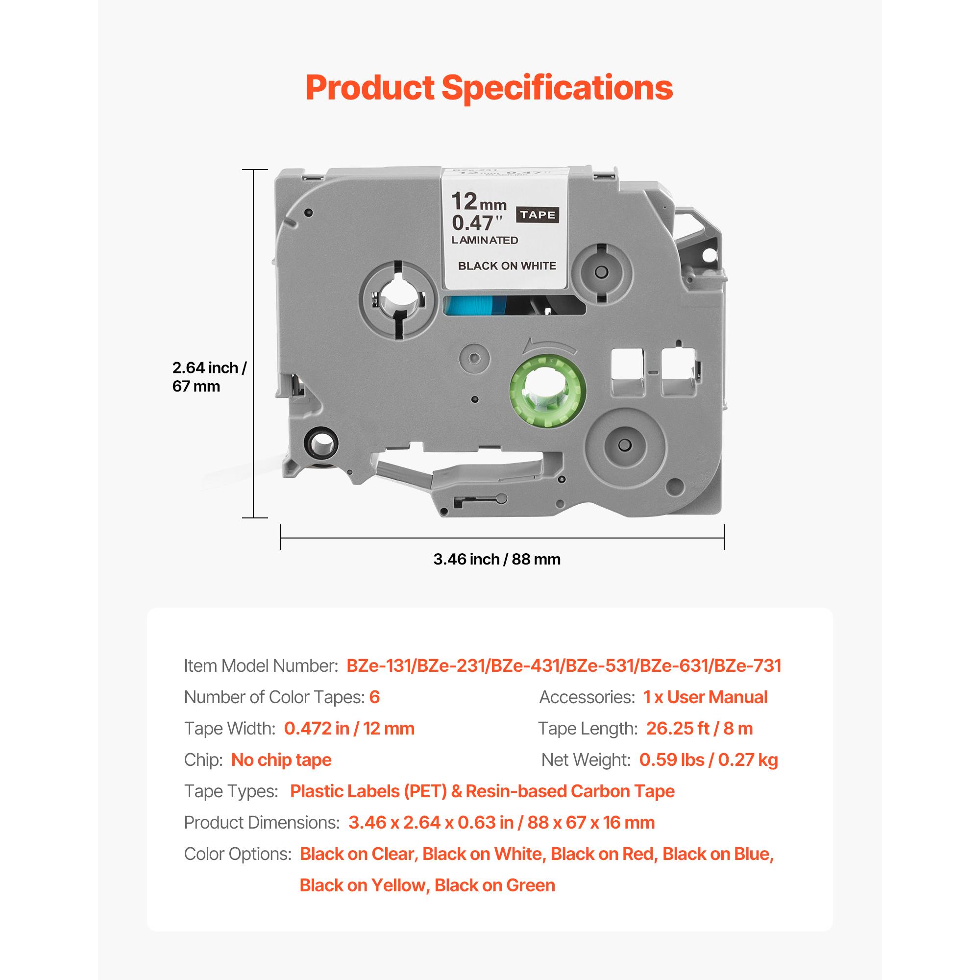 

SucceBuy 6 шт. 12 мм TZe 231 Лента для принтера этикеток Цветные сменные картриджи для принтера этикеток Совместимые для Brother P-touch Letra Tag TZe-131/431-731