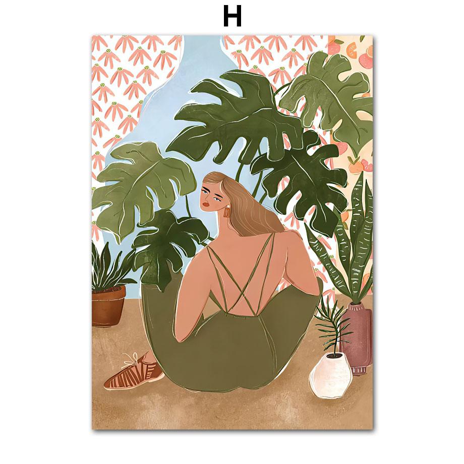 Abstract Boho Fashion Girl Posters Plant Leaves Fruit Flower Minimalist Wall Art Canvas Painting Wall Pictures Living Room Decor