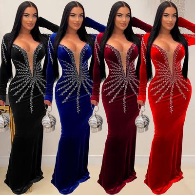 European & American Fashion Rhinestone Long Sleeve Sexy Dress for Women