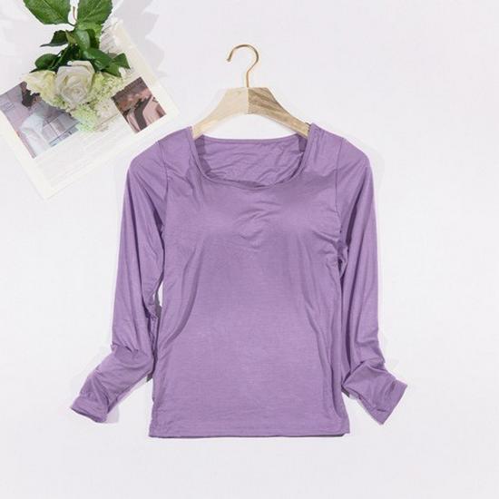 Modal Cup Integrated Long-Sleeve Women's Korean-Style Loose Pajama Top with Chest Pad