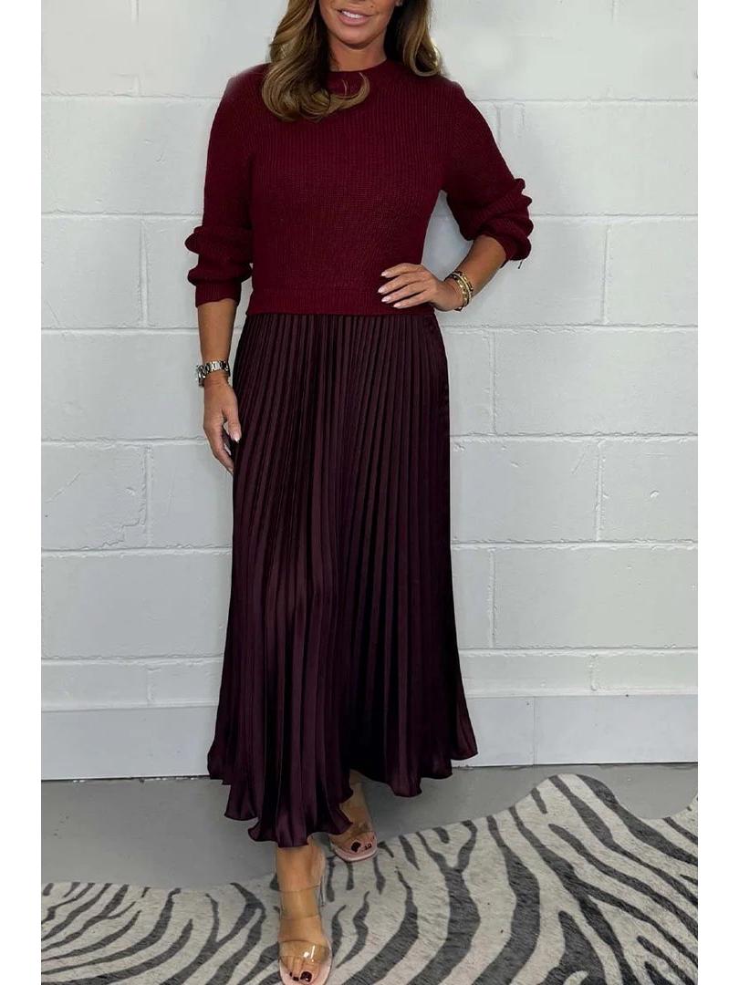 

2024 European & American Autumn/Winter Women s Ribbed Pleated Round Neck Dress L темно-красного