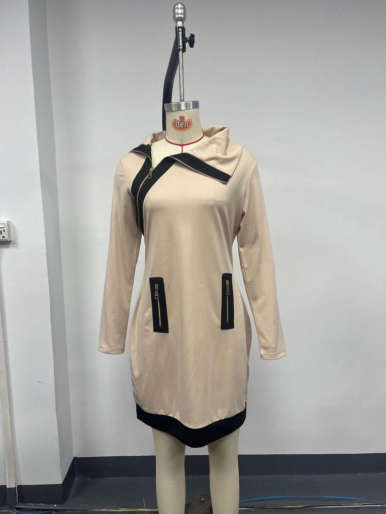 2026 Herbst/Winter Damen Colorblock Patchwork Sexy Taillenbetonendes Langarmkleid
