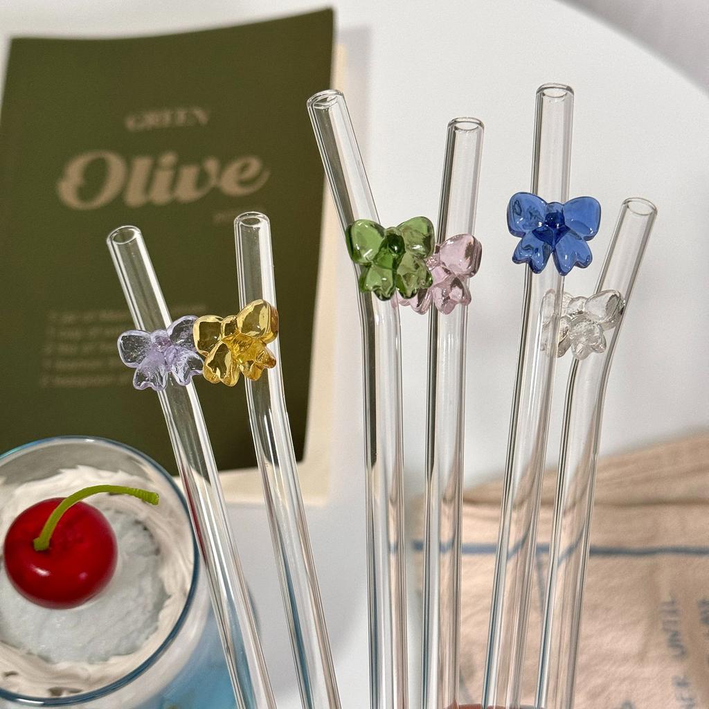 1pc 8mm Glass Straw, Bow Glass Straw Non-disposable Juice Drink Anti-stick Lipstick Straw Reusable Drinking Straws For Festival