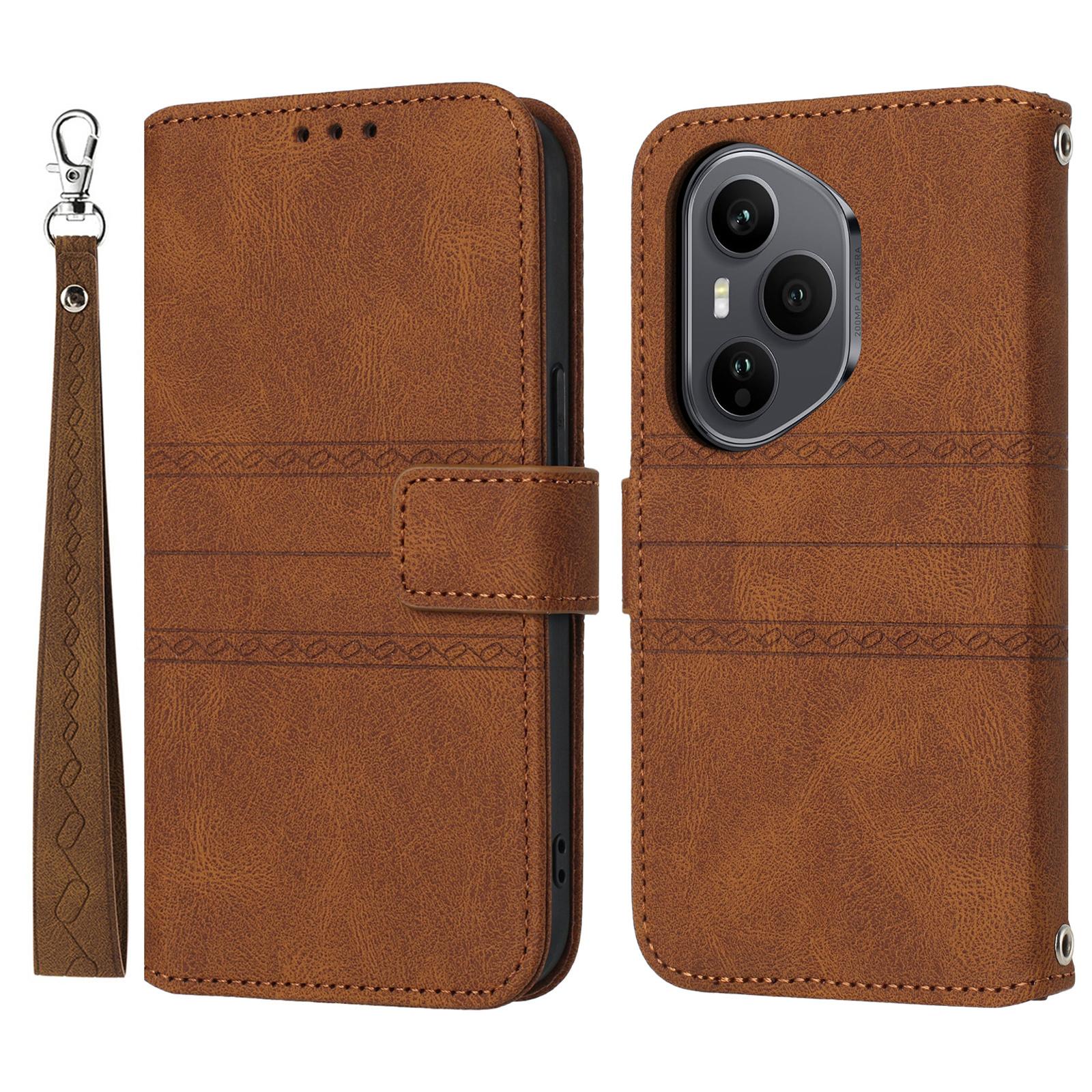 

For Honor 400 Pro 5G (Global) Case Wallet Skin-Touch Leather Imprinted Phone Cover with Wrist Strap Brown