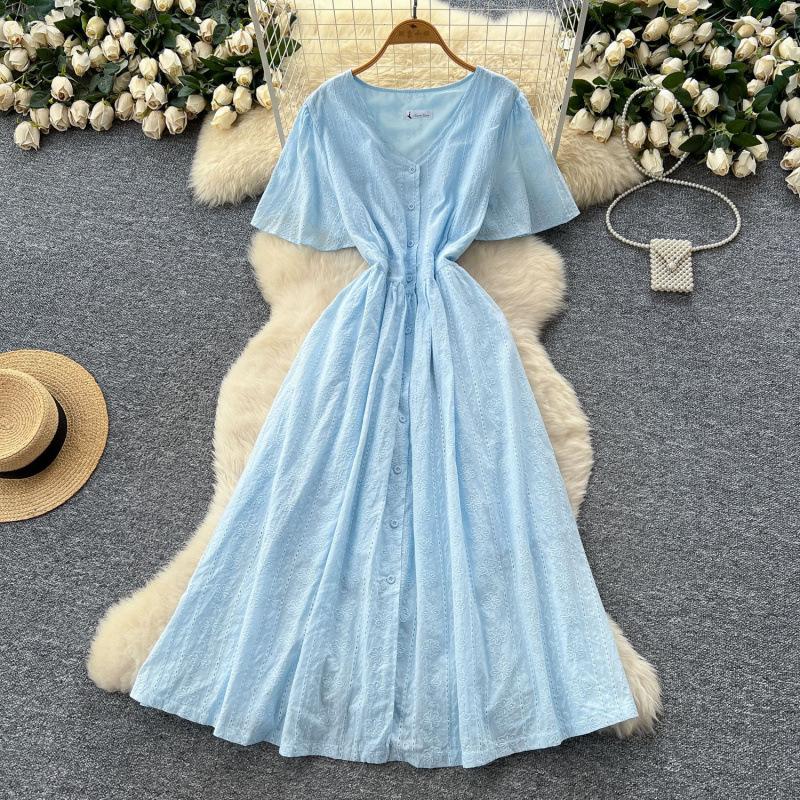 Summer women's niche French heavy industry embroidery waist V-neck short-sleeved dress women's thin temperament single-breasted long dress