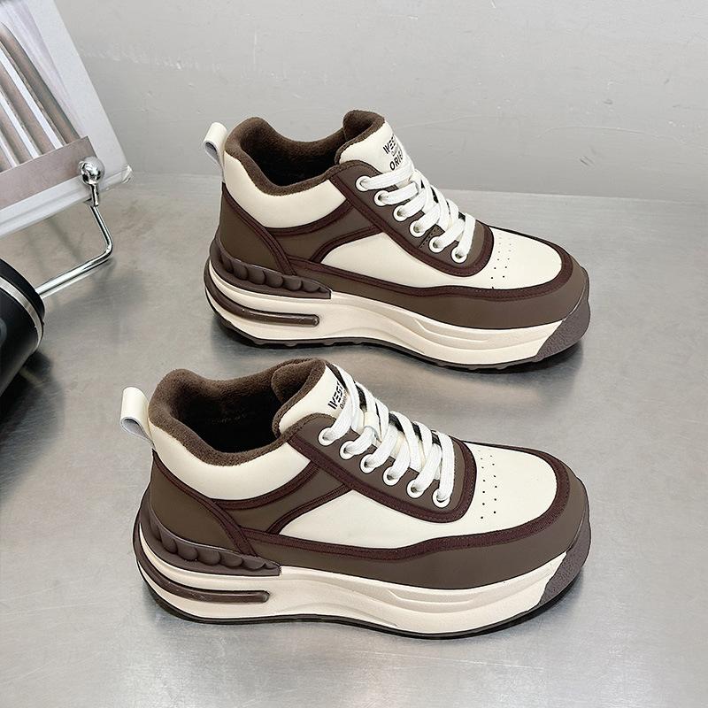 Thick-soled high-top shoes for women's ins cool new leather leather surface velvet muffin versatile sports and leisure board shoes