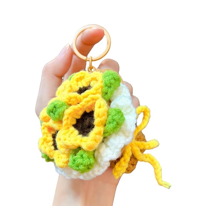 Handmade Crochet Flower Keychains Purse Bag Accessories Key Charm Car Keyrings Valentines Gift Bouquet Keychain Women