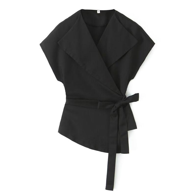 Kaslead New Arrival Women's Clothing Fashion Style Fashion Minimalist Large Lapel Short Sleeve with Belt Tops