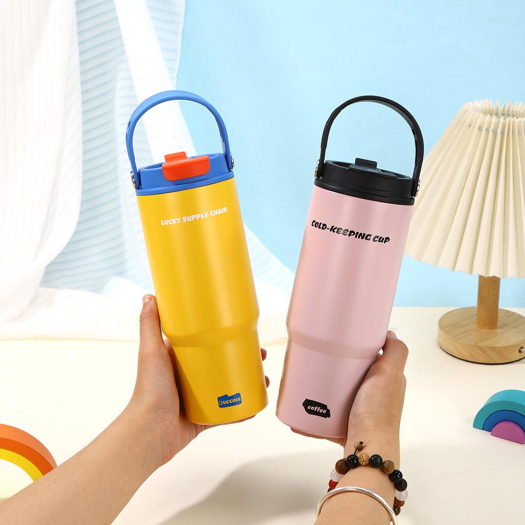 Large Capacity Bingba Thermos Cup with Handle Convenient Car Cup Stainless Steel Tea Separation Double Drinking Straw Cup