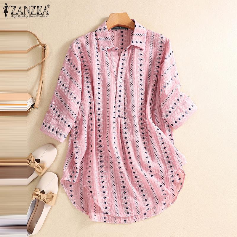 ZANZEA Women Turn Down Collar 3/4 Sleeve Loose Floral Blouse