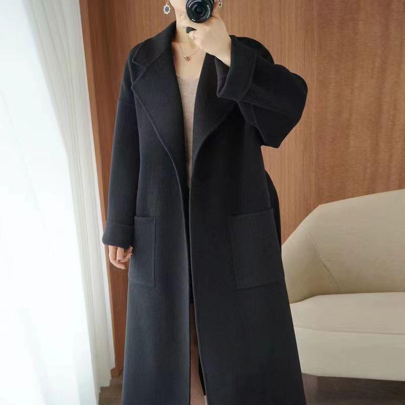 Damen Kaschmir-Mantel in mittlerer Länge im koreanischen Stil, doppelseitig, hochwertig, reine Wolle, lockere Passform für Herbst und Winter