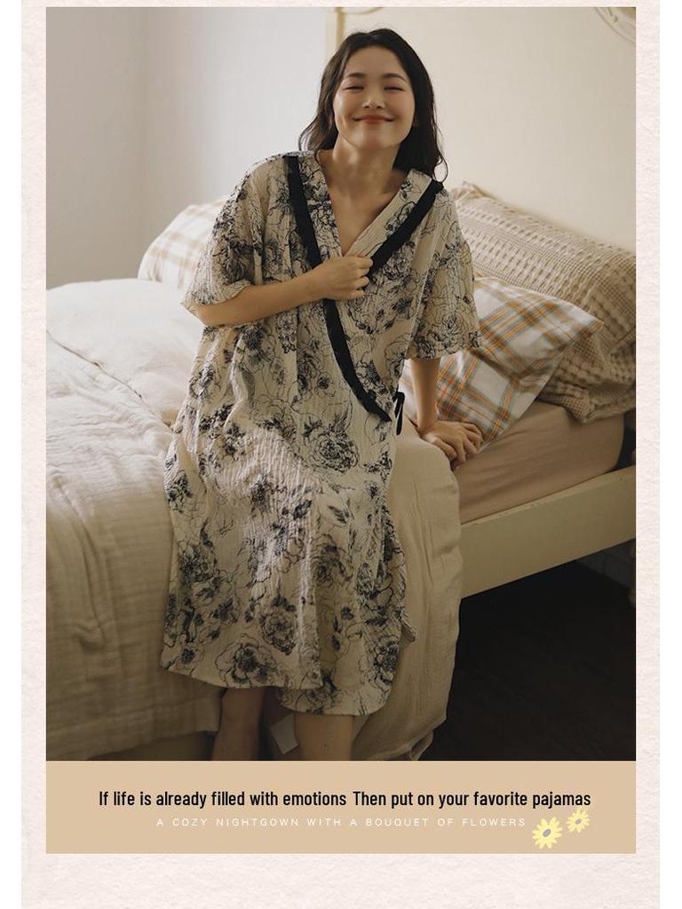 2025 Summer Kimono Maternity Nightdress - Crinkle Cotton, Postpartum Mid-Length, Short Sleeve Nursing Dress