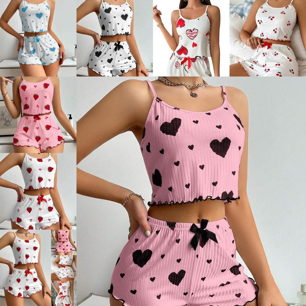 Romantic Heart Print Sleepwear Set With Stretchy Polyester For Young Women
