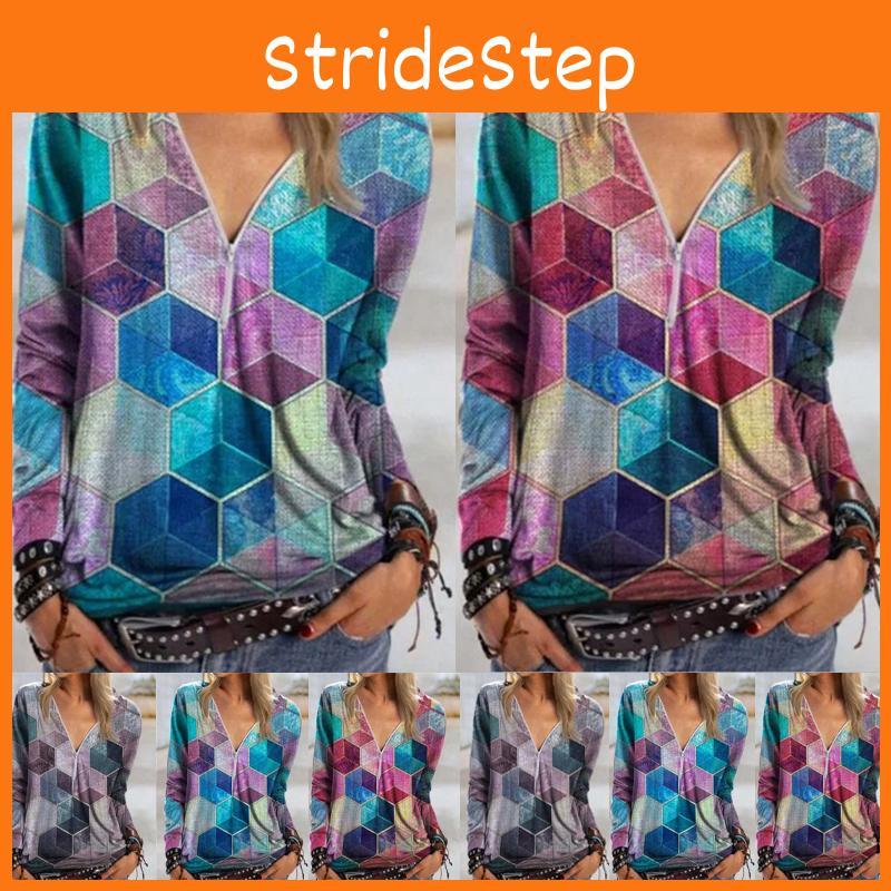 Elegant Ladies Print Pullover Blouse Shirt With V Neck And Zipper For Casual Wear