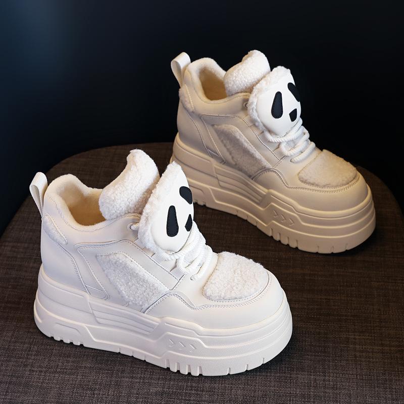 Women's 2023 Winter Thick-Soled High-Top Panda Shoes with Plush Lining and Hidden Lift