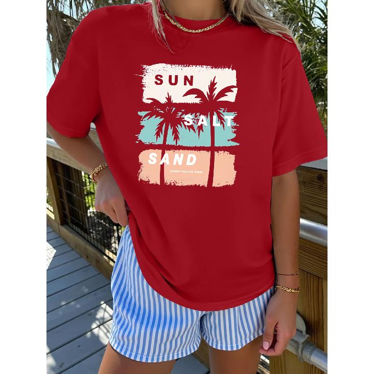 Elegant short-sleeved shirt for women Hawaiian vacation-themed printed round-neck women's shirt T The shirt is suitable for spring and summer