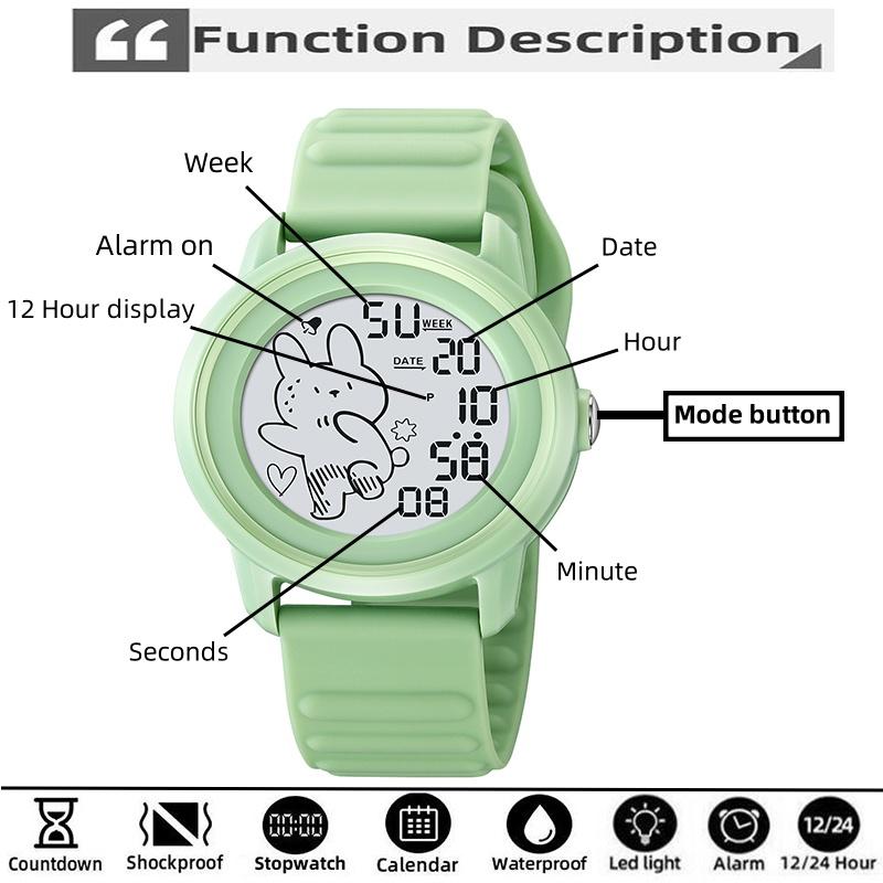 Skmei Unisex Digital Watches for Young Student Carton Rabbit Pattern Fashion LED Waterproof Boy Girl Wristwatch with Alarm Clock