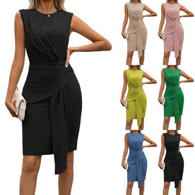 Γυναικείο Άνετο Καθημερινό Μοντέρνο Αμάνικο Φόρεμα με Στρογγυλή Λαιμόκοψη και Κομψή Ιδιοσυγκρασία σε Μονόχρωμο