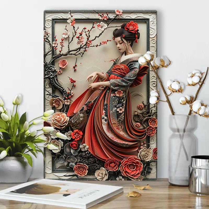 Japanese Geisha Metal Wall Art  Vintage Oriental Style D Relief Sculpture with Umbrella  Floral Design Decorative Plaque for