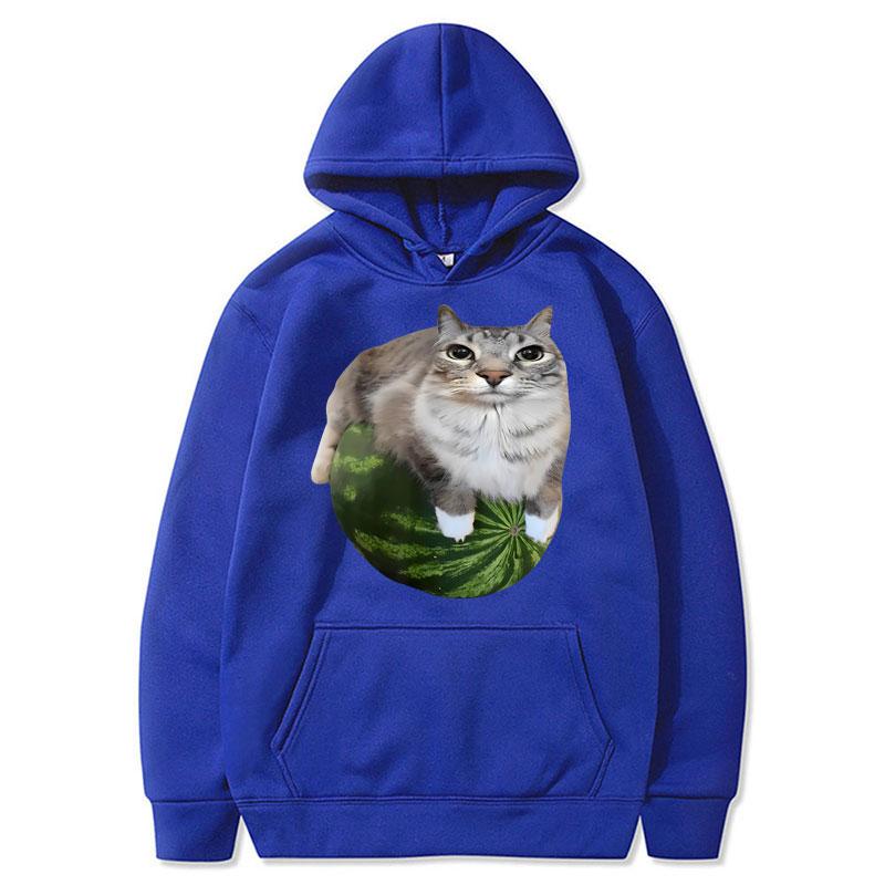Funny Silly Watermelon Cat Meme Hoodie Women Humor Stylish Hilarious Long Sleeve Oversized Fleece Casual Pullover Streetwear