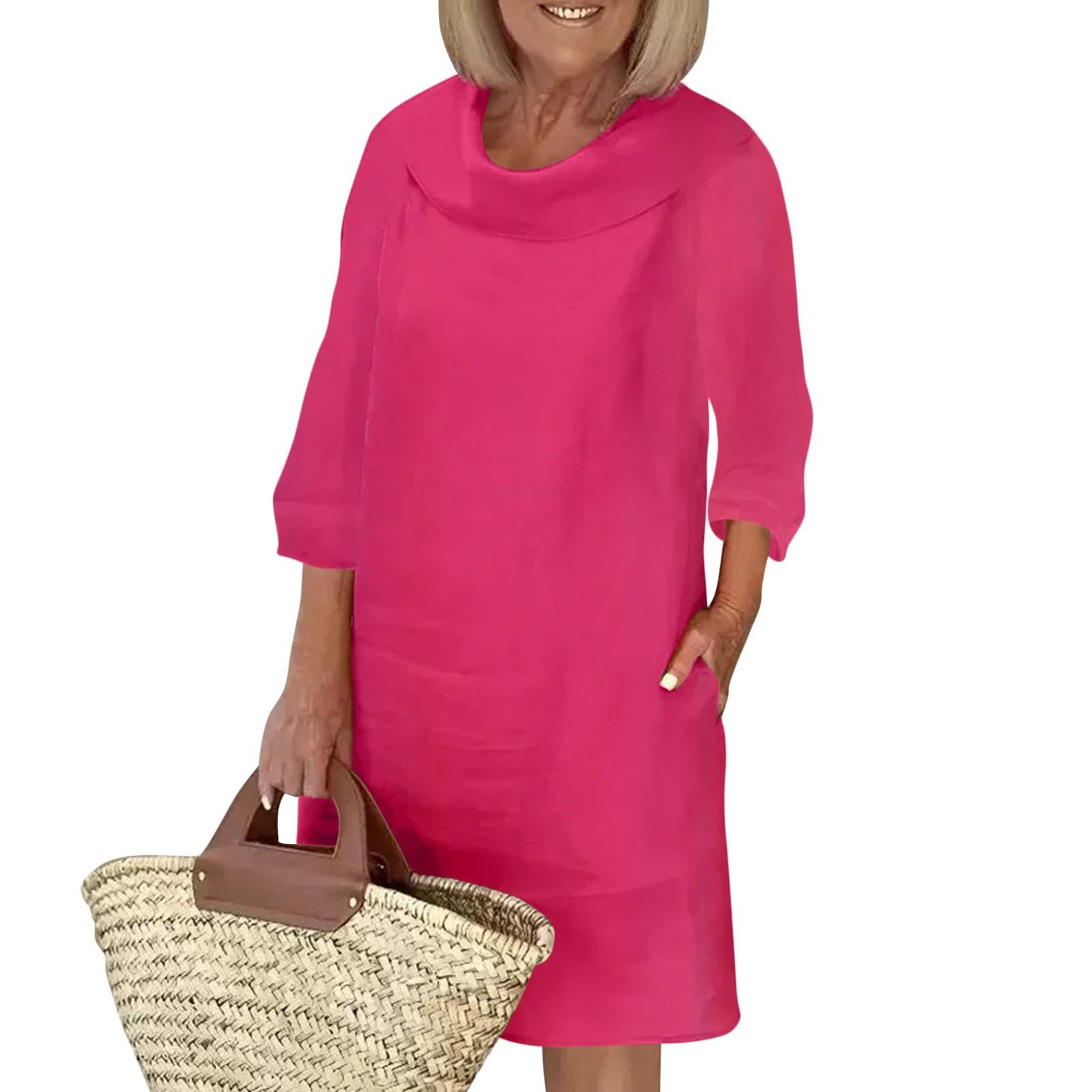 

Women s Cotton And Linen Temperament Commuting Long Style Spliced Round Neck Casual Style Solid Color Dress XL червоний