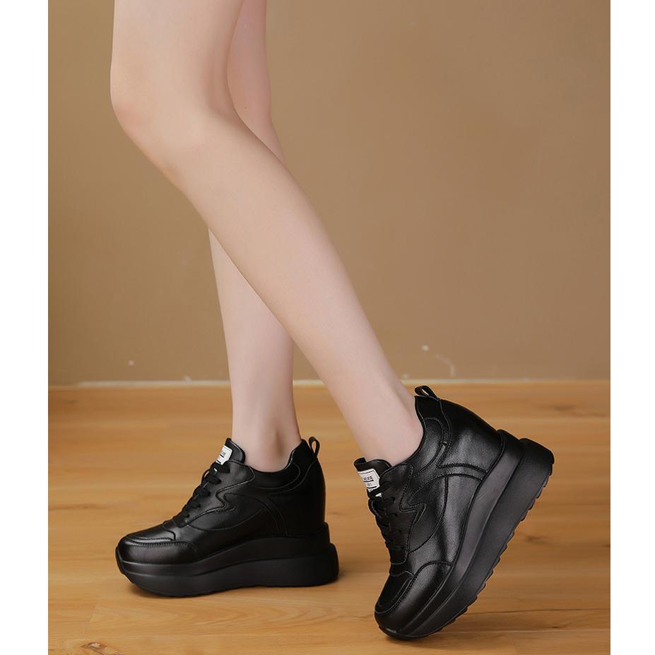 Scarpe in vera pelle da donna, scarpe da ginnastica alla moda, con plateau piatto, scarpe casual da donna, altezza aumentata 10 cm, nero e bianco