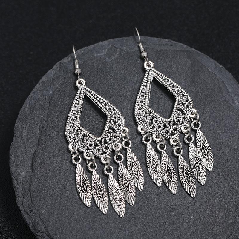 Retro Tibetan silver fringed earrings women's long temperament versatile earrings fashion personality vacation earrings