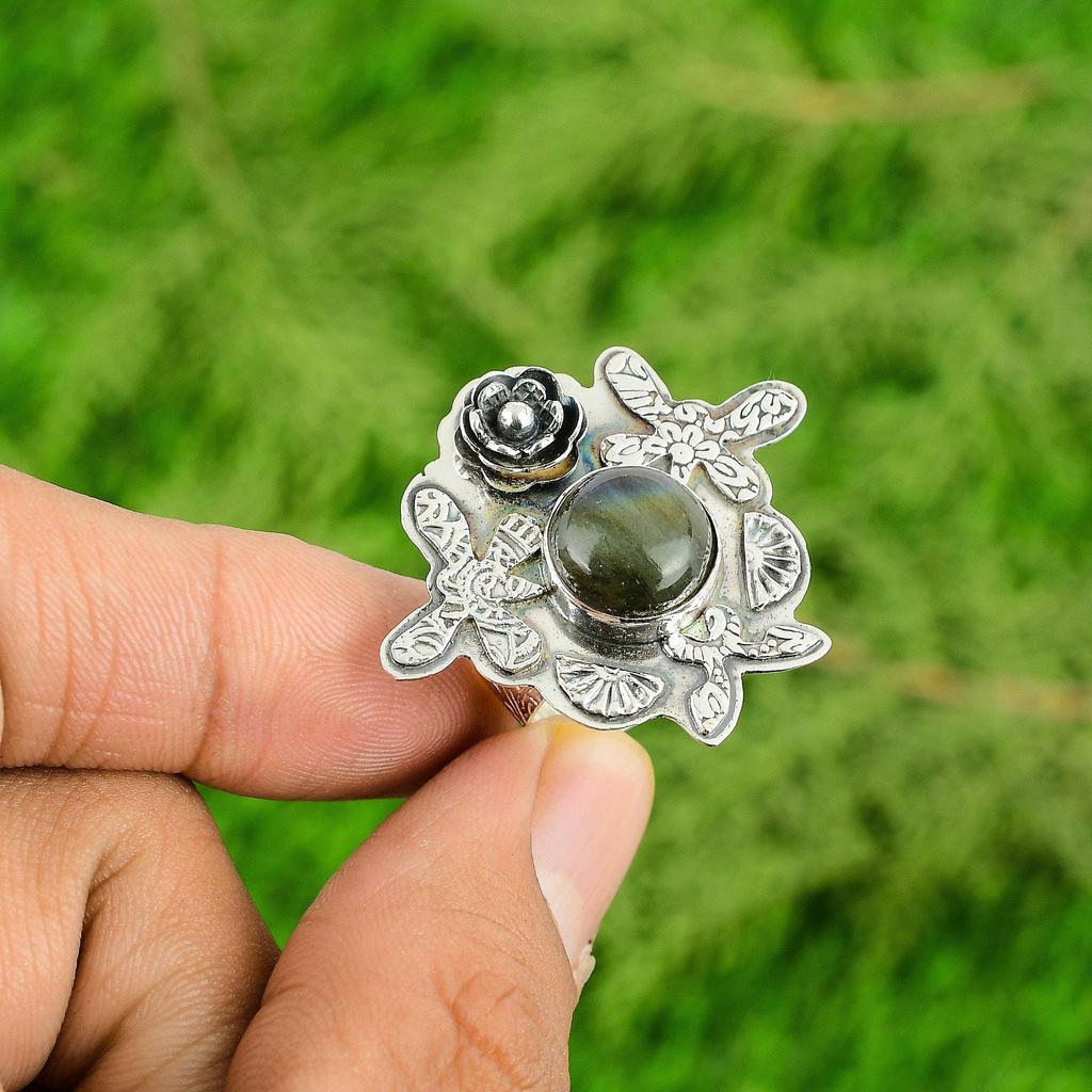 Labradorite Gemstone Birthday Flower Statement Ring Jewelry 925 Sterling Silver
