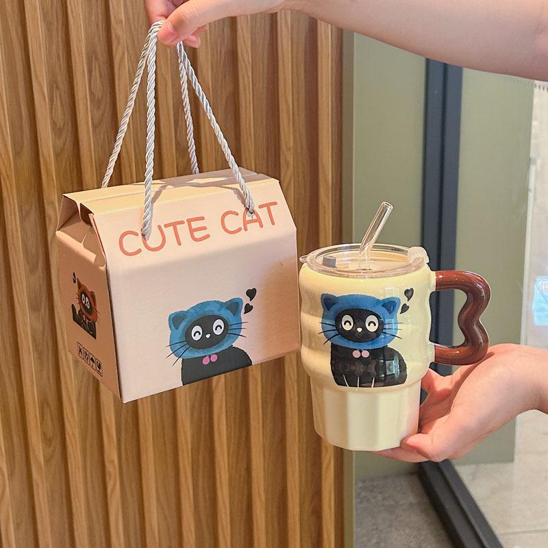 Retro kočičí brčko kelímek pro pár na pití keramický hrnek s víčkem dárek k narozeninám pro dívku suvenýr pro přítelkyni