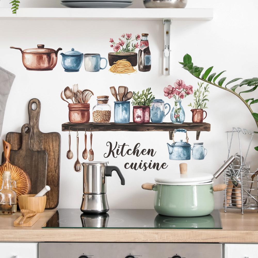 Watercolor Kitchen Utensils Spice Jars Wall Stickers for Kitchen Dining Room Home Background Decoration
