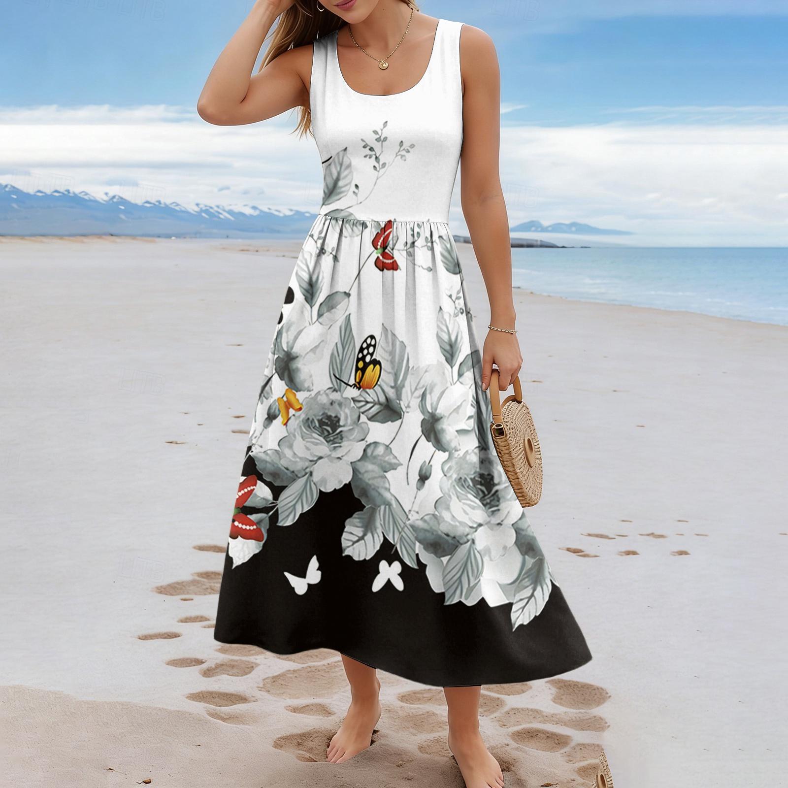

Ladies floral summer casual and fashionable sleeveless long dress XL білий