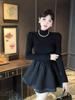 Sweet Spice Girl Semi-turtleneck Black Fluffy Dress Women's Spring and Autumn Design Sense Niche Waist Skinny A-Word Dress Short Skirt