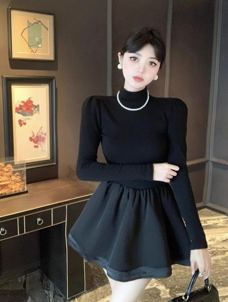 Sweet Spice Girl Semi-turtleneck Black Fluffy Dress Women's Spring and Autumn Design Sense Niche Waist Skinny A-Word Dress Short Skirt
