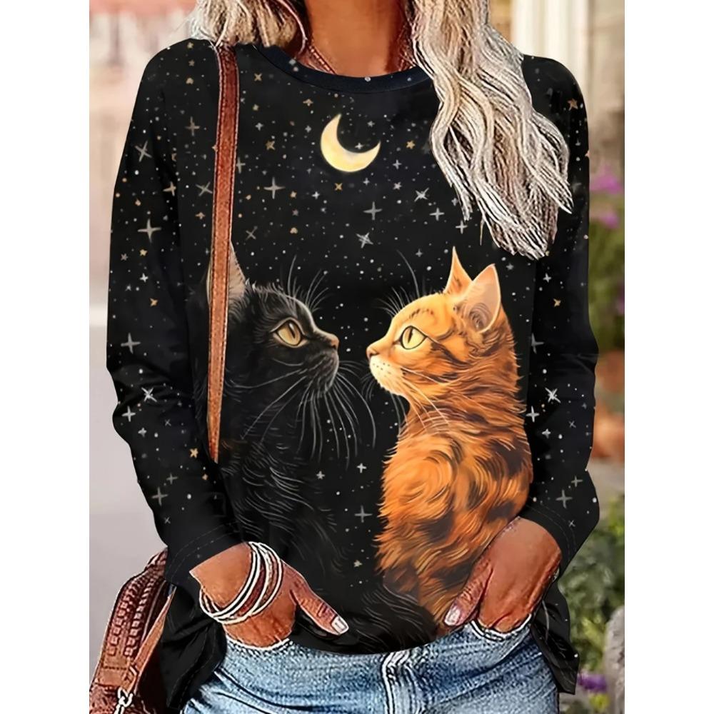 Daily casual 3D cute cat printed women's fashionable round neck long sleeved T-shirt
