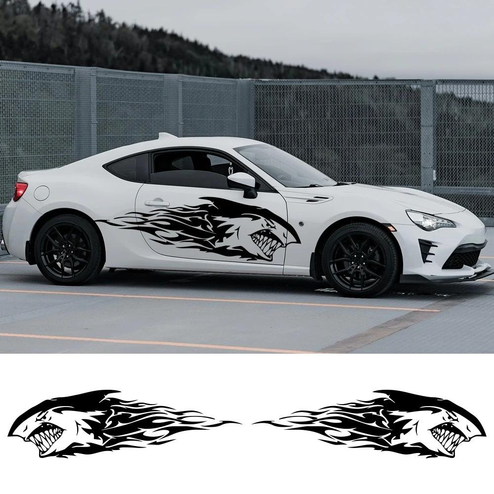 2PCS Fierce Shark Car Door Side Skirt Stickers Self-Adhesive Waterproof Shark Flame Pattern Vinyl Decals Auto Decor Accessories