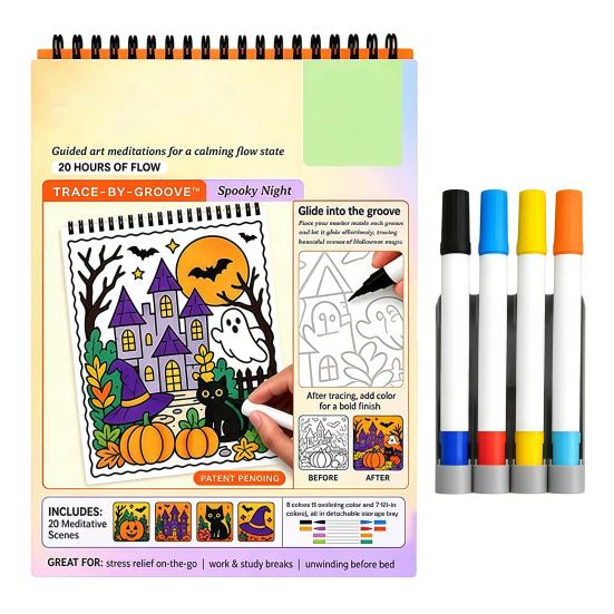Stress Relief Coloring Activity Trace-By-Groove Guided Book, Clear Artistic Printing with 20 Decorative Double Sided Marker Pen Set Scenes And