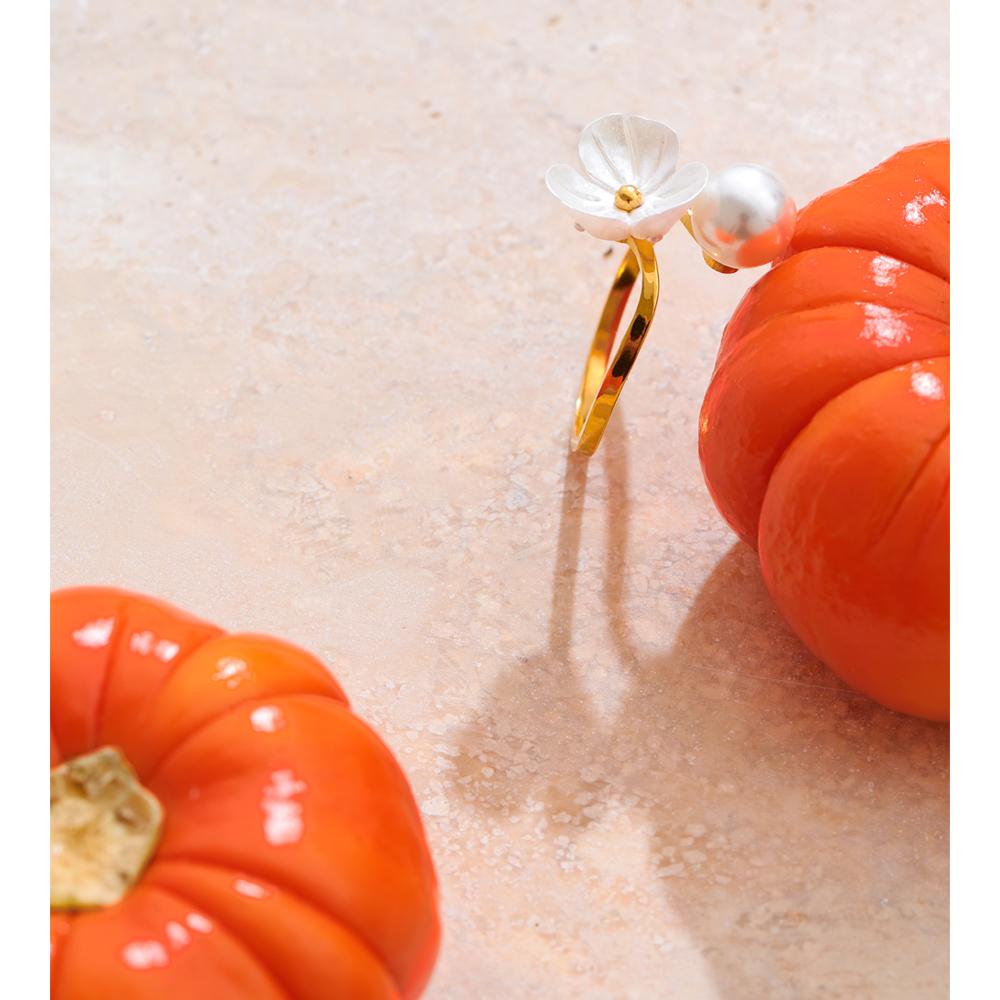 Eetit Imitation Pearls Resin Flower Adjustable Ring Golden PVD Plated Stainless Steel Chic Jewelry Korean Accessories Wholesale