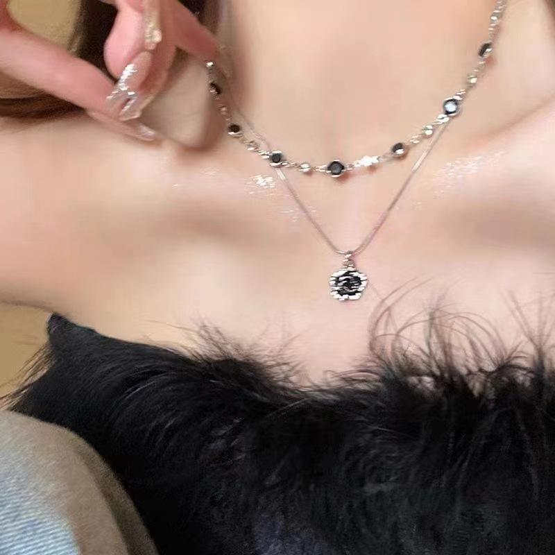 Double-Layer Rose Zircon Sweater Necklace - Women's Versatile Clavicle Chain, Light Luxury, High-End, Niche Accessory