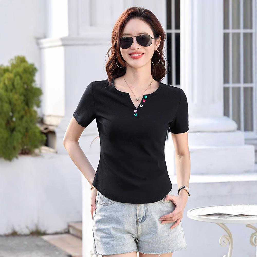 Korean Style Slim Fit Women's V-neck Short Sleeve T-shirt - Solid Color Fashion Top